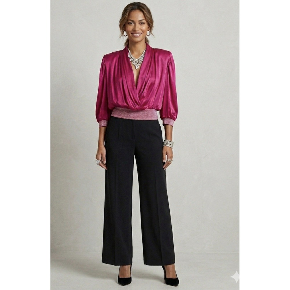 AVAVAV Firenze Satin Puff‎ Sleeve Faux Wrap Top Waisted Fuschia Boxy Plunge Neck